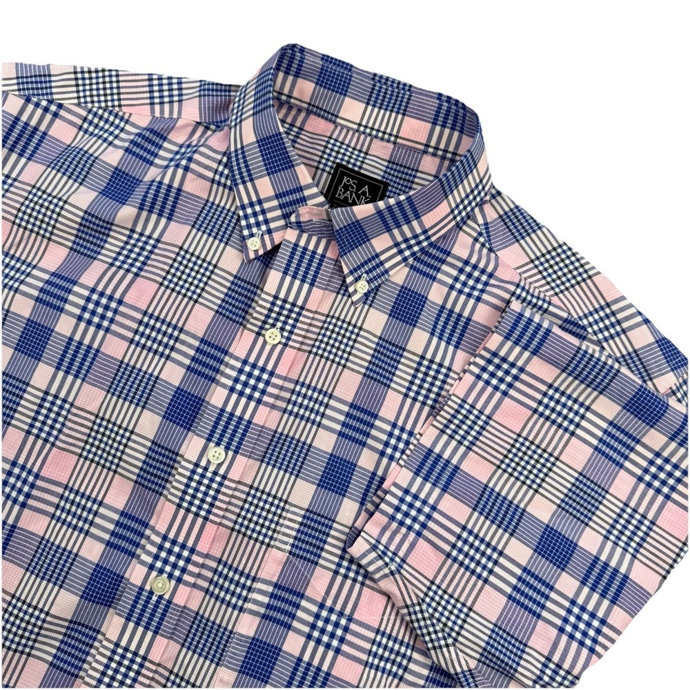 Jos. A Bank Travelers Short Sleeve Button Down Shirt Men's Sz L‎ Blue Pink Plaid